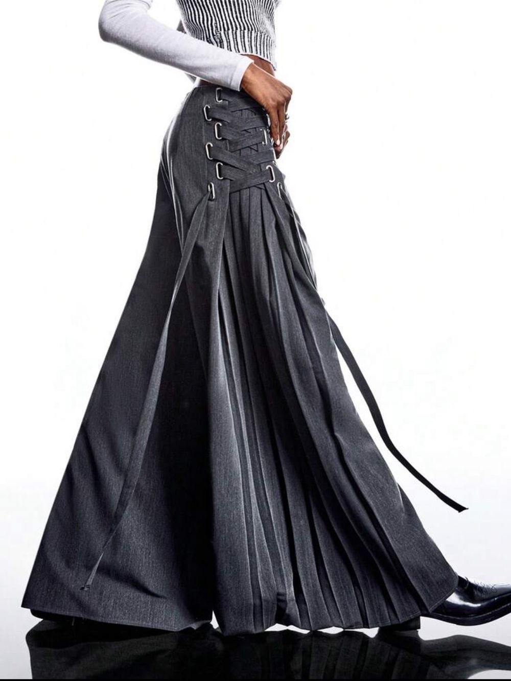 BN High-Waist Pleated Maxi Wide Leg Pants with Lace-Up Detail - Grey